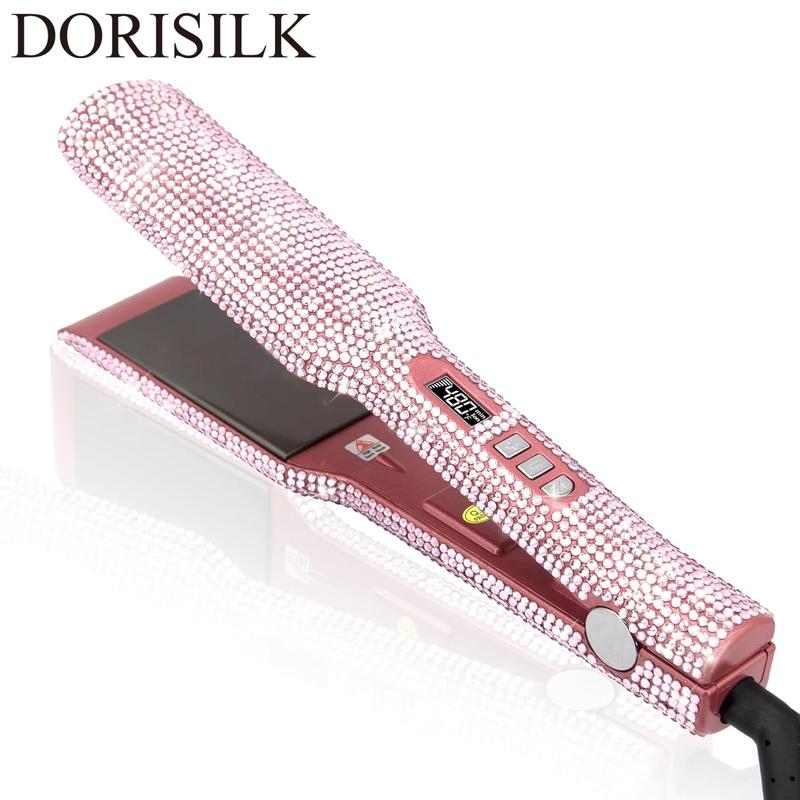 Titanium Flat Iron Rhinestone 480°F High Temp Hair Straightener Curler 2 Inch Salon Professional Dual Voltage Bling Glitter