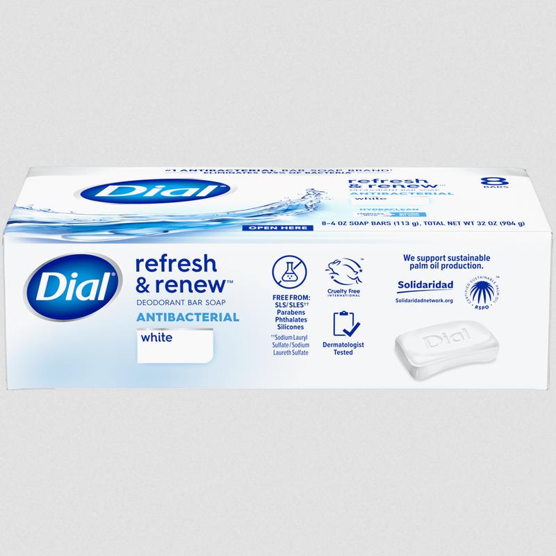 Dial Antibacterial Bar Soap, Refresh & Renew, White, 4 oz, 8 Bars (PREESHIP)