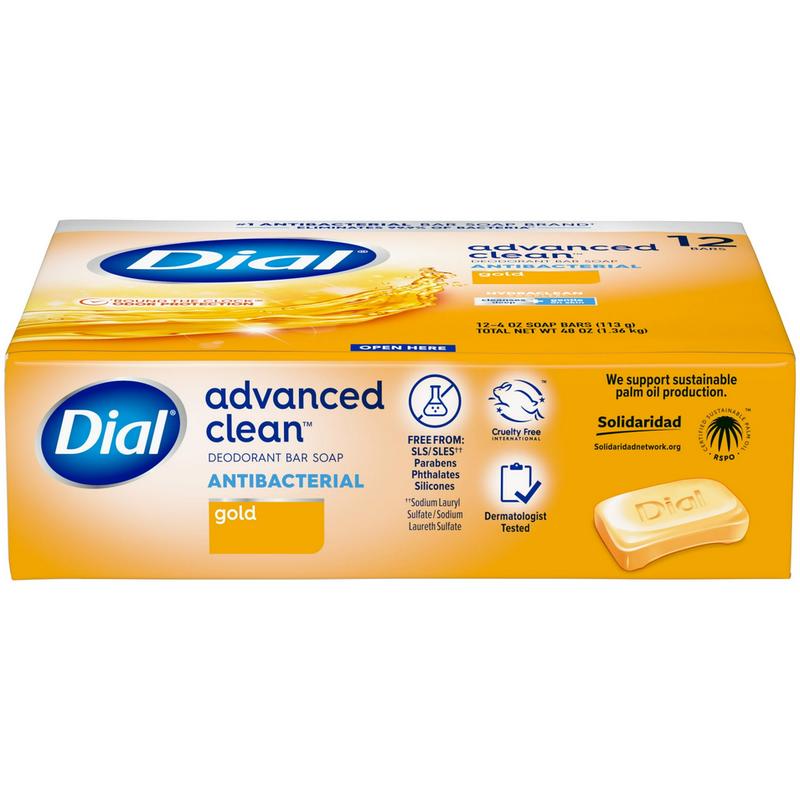 Dial Antibacterial Deodorant Bar Soap, Advanced Clean, Gold, 4 oz, 12 Bars (PREESHIP)