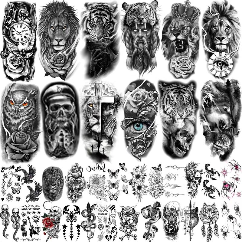 36 Sheets Temporary Tattoos Stickers, 12 Sheets Fake Body Arm Chest Shoulder Tattoos for Men or Women with 24 Sheets Tiny Black