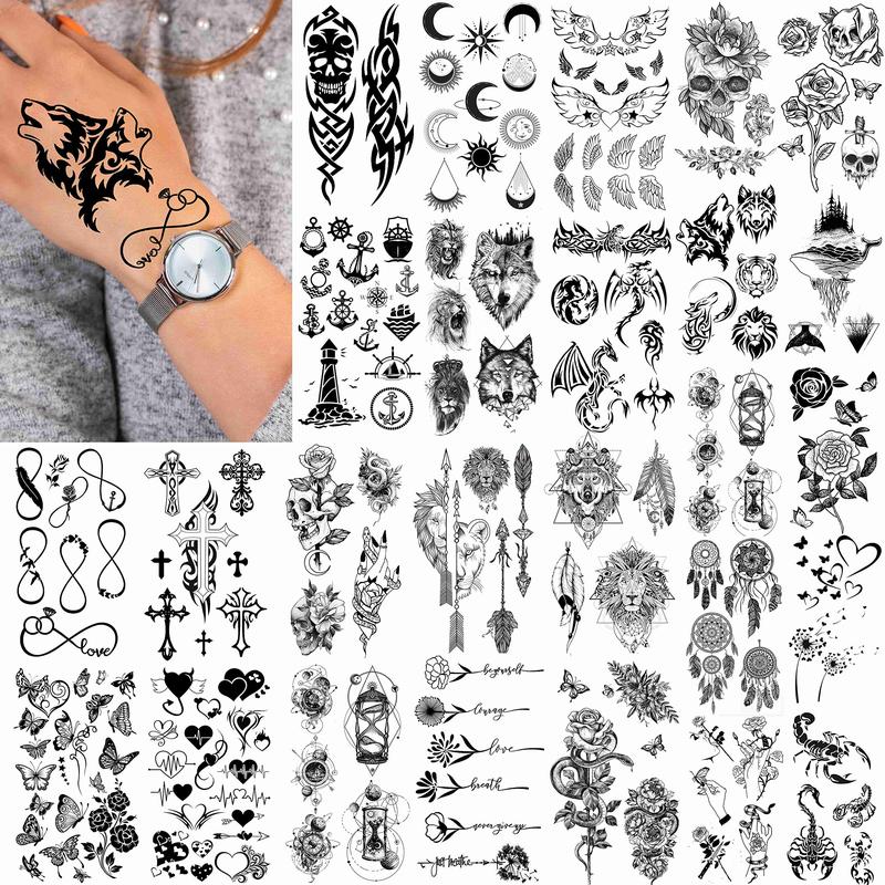 52 Sheets Creative Black Tiny Crown & Infinity Triangle Tattoos. For men and women. Realistic stars and letters.