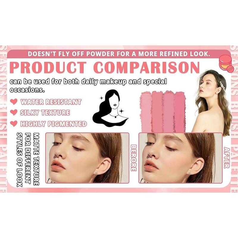 4 Colors Blush Palette for Cheeks,Face  Contour Blush  Palette,Buildable Shimmer Facial Cheek Blusher Shades,Blendable Cosmetic  Blush with Blush Brush 01