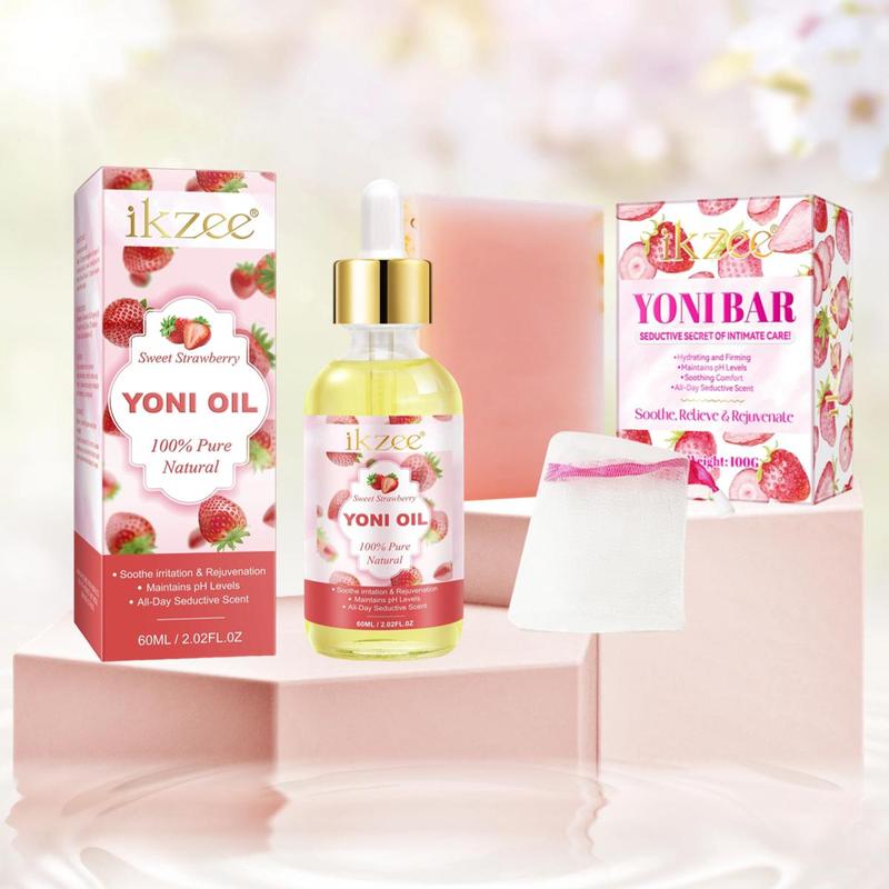 Strawberry Yoni Oil & Soap Set, 2 Counts set Fragrant Strawberry Body Care Set, Soothing Comfort, All-day Seductive Scent, Body Oil, Body Soap, Christmas Gift