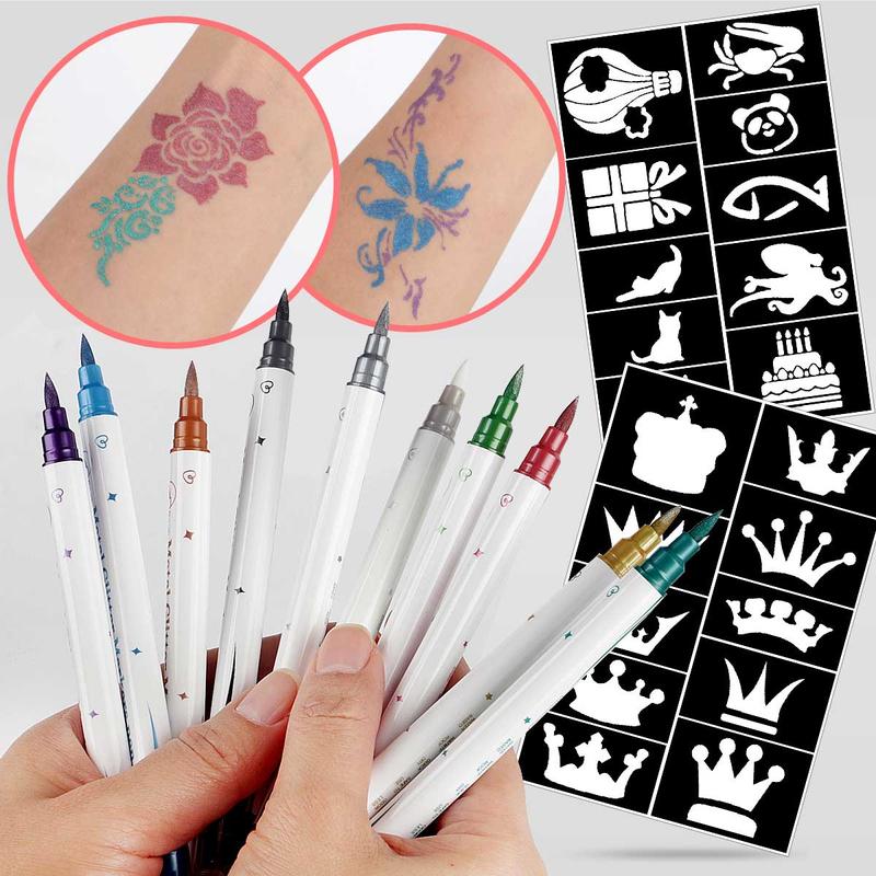 Temporary Tattoo Pen Set, 20pcs set Colorful Tattoo Pen & Unique Design Tattoo Template, Painless Body Art Tool Set for Women & Men, Christmas Gift