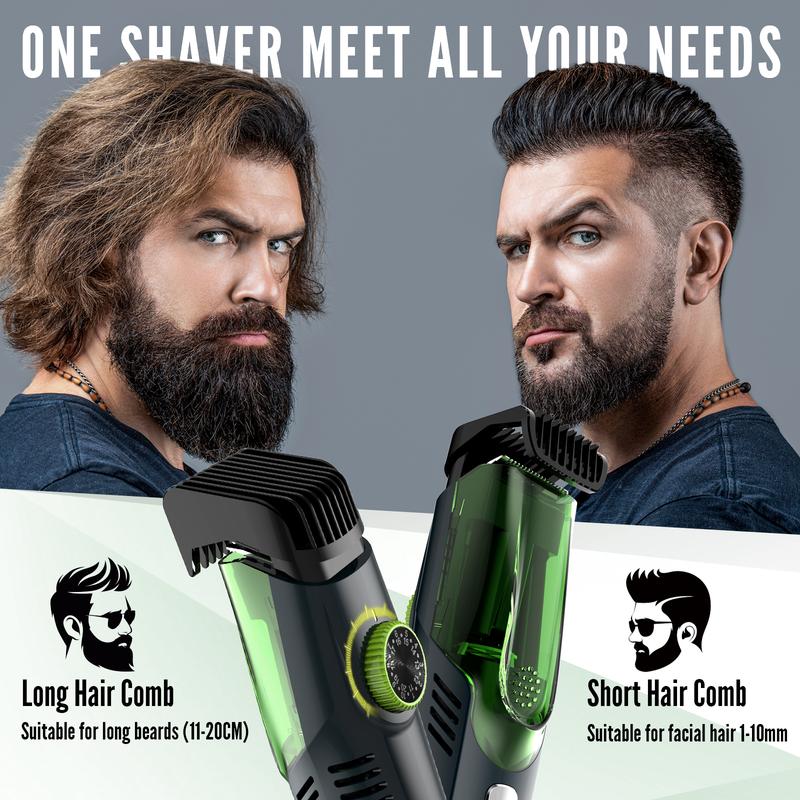 [Black Friday]For your Boys Vacuum Beard Shaver for Men, VAAGHANM Mustache Trimmer with 20 Length and Styles Adjustable, Built-in Vacuum Trimmer for Mustache, Sideburns, Facial Hair, Rechargeable, IPX6 Waterproof, 2 Comb, Best gift for men!