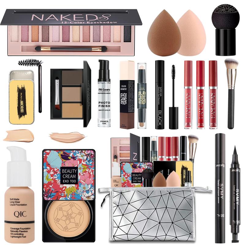 Makeup Kit, includes Naked eyeshadow, liquid foundation, CC Cream, lipstick set, mascara, makeup brush, makeup sponge, eyebrow powder, eyebrow soap, eyeliner stamp, primer, contour stick, cosmetic bag