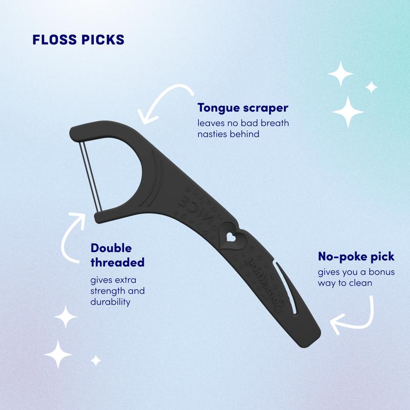 Floss Picks by Thebentist, with Twin Floss Strands, Mint Flavored, Xylitol Protection Boost, Tongue Scraper, and No-Poke Pick