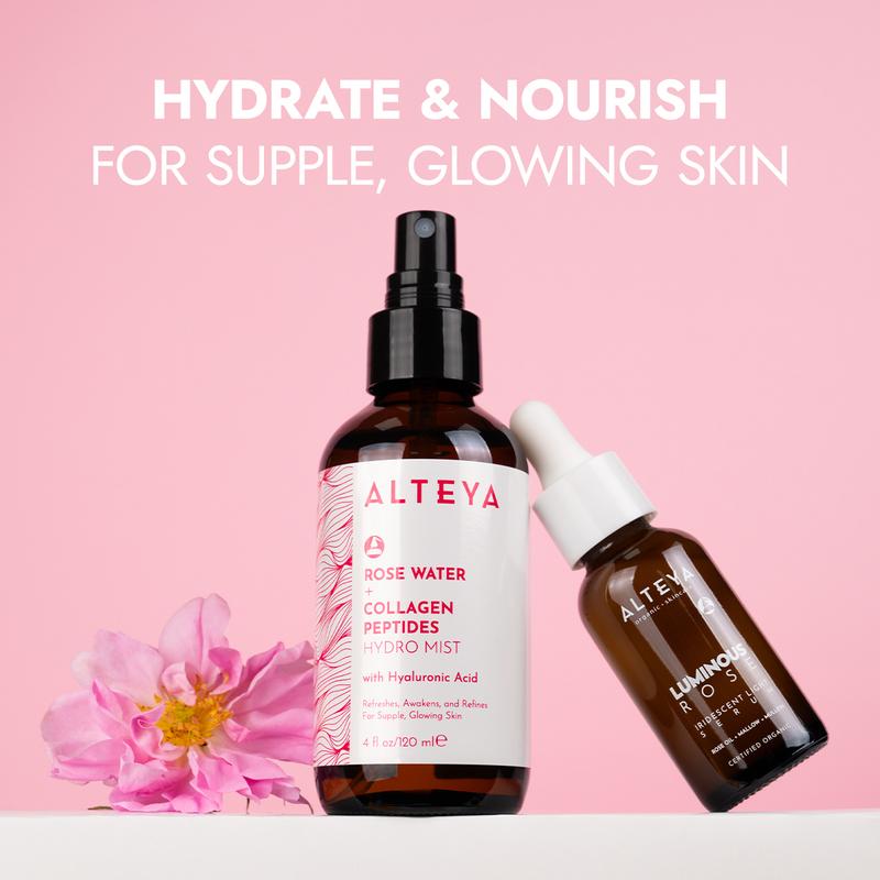 Alteya Rose Water Collagen Toner + Serum Renewal Set - Hydrating & Cleansing Facial Skincare with Hyaluronic Acid for Skin Repair