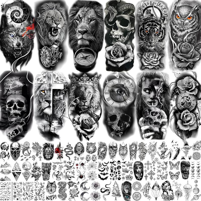 68 Sheets Large Half Arm Sleeve Temporary Tattoos For Men Women Forearm, Tribal Wolf Tiger Lion Owl  Temp    Stickers Adults, Black Realistic  Flower Rose