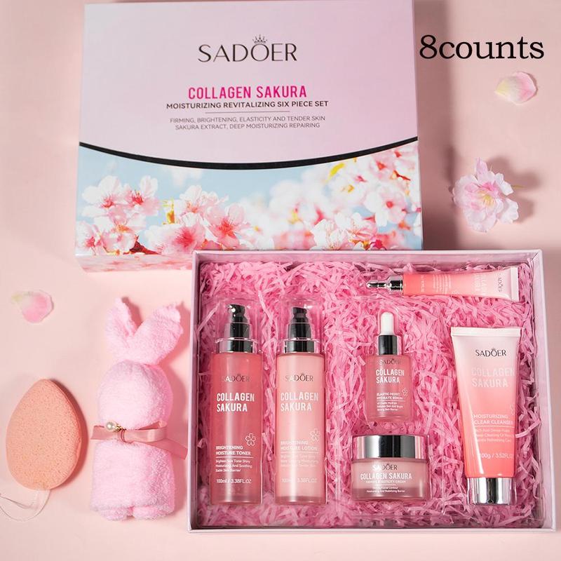 Sakura Collagen Moisturizing Skin Care Kit (8 Counts set), Including Facial Cleanser, Toner, Eye Cream, Face Cream, Serum, Lotion, Towel, Cleansing Puff