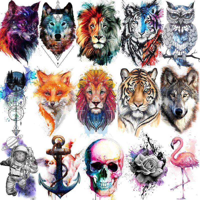 15pcs Watercolor Animal Pattern Temporary Tattoo Sticker, Fake Tattoo Stickers for Women & Men