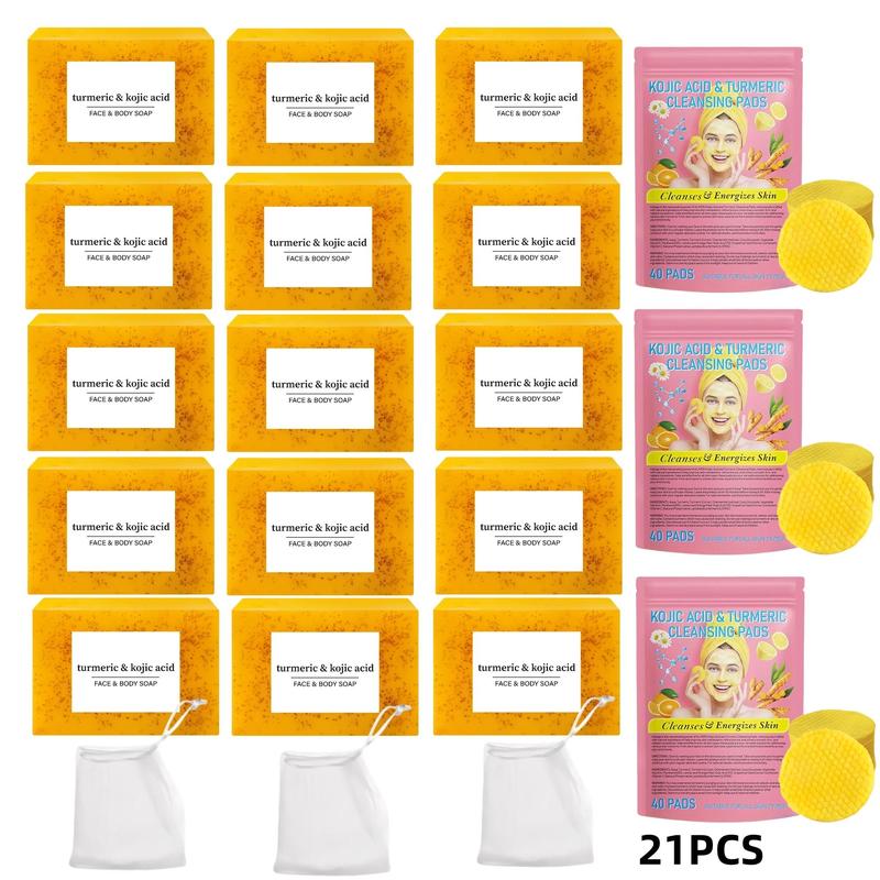 Turmeric Kojic Acid Soap & Cleansing Pads, 21pcs set Deep Cleansing & Moisturizing Skin Care Kit for Men & Women All Skin Types