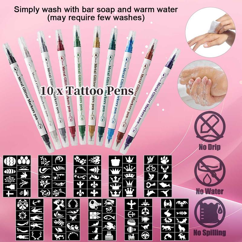 Temporary Tattoo Pen Set, 20pcs set Colorful Tattoo Pen & Unique Design Tattoo Template, Painless Body Art Tool Set for Women & Men, Christmas Gift