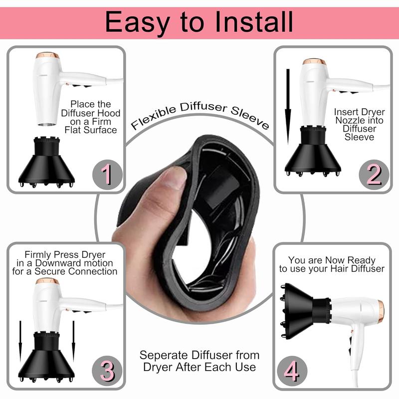 Universal Hair Diffuser Adaptable Hair Dryer Attachment for Blow Dryer Nozzles from 1.7 to 2.2 inch Diameter (Black)