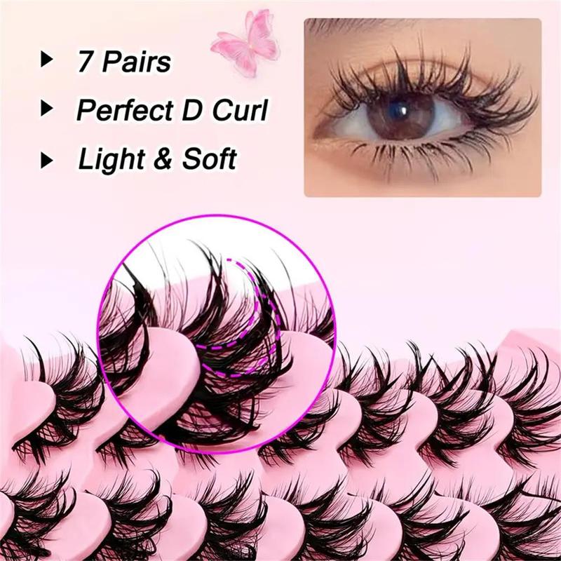 Fluffy False Eyelashes, 7 Pairs Wispy Manga Faux Cluster Lashes, Natural Curling Eye Makeup Strip Lashes for Women & Girls Eye Extensions, Mini Makeup Lash Extension Kit, Christmas Gift