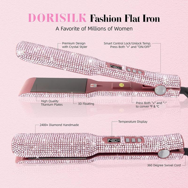 Titanium Flat Iron Rhinestone 480°F High Temp Hair Straightener Curler 2 Inch Salon Professional Dual Voltage Bling Glitter