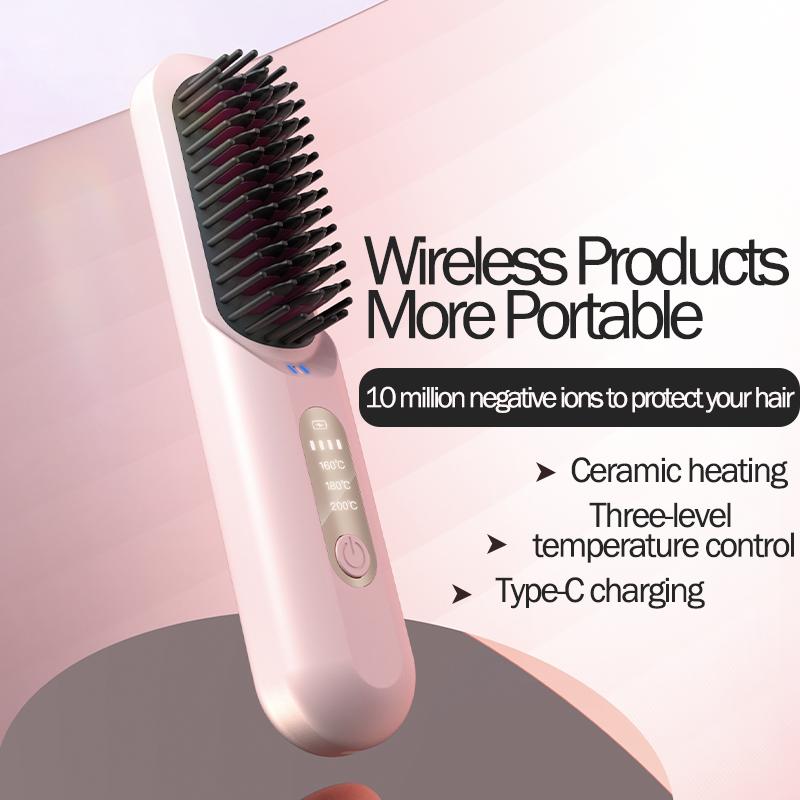 Hair Straightener Brush, Ring Anti-Scald Hair Straightener Comb Straightening Brush for Women with 3 Temps 20s Fast Heating & Dual Voltage, Pink