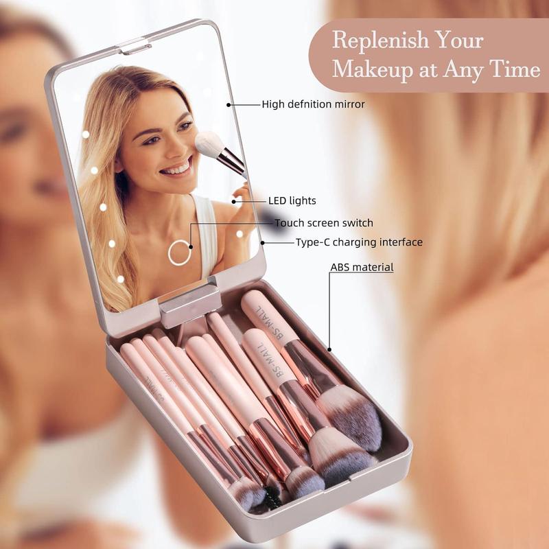 BS-MALL All in One Makeup Tool Kit LED Mirror Case Makeup Brushes Set 7PCS Non Latex Makeup Sponge Set Cosmetic