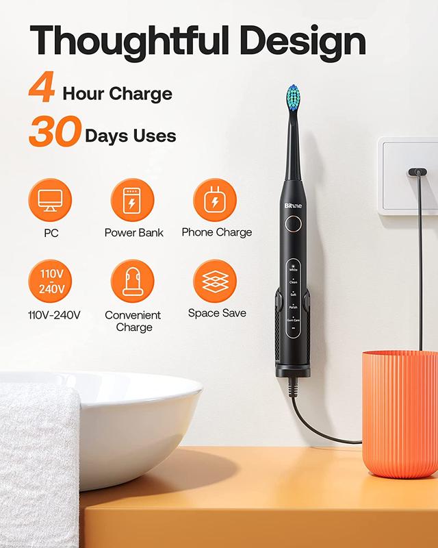 Bitvae D2 Electric Toothbrush for Adults - Ultrasonic Electric Toothbrushes with 8 Brush Heads, ADA Accepted Power Rechargeable Toothbrush with 5 Modes, Smart Timer