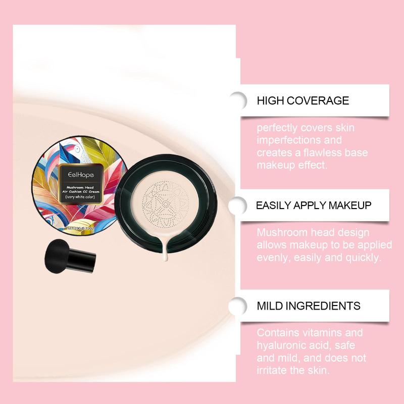 Mushroom Head Air Cushion CC Cream, 1 Box Long Lasting Moisturizing Concealer Foundation with Mushroom Sponge, Makeup Product for Women & Girls