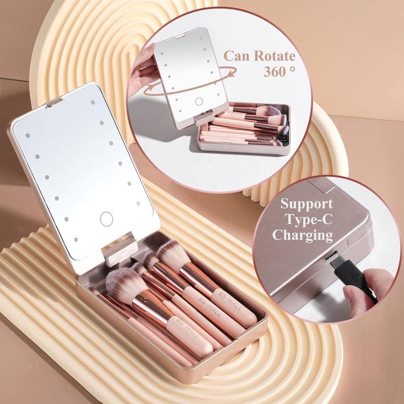 BS-MALL All in One Makeup Tool Kit LED Mirror Case Makeup Brushes Set 7PCS Non Latex Makeup Sponge Set Cosmetic