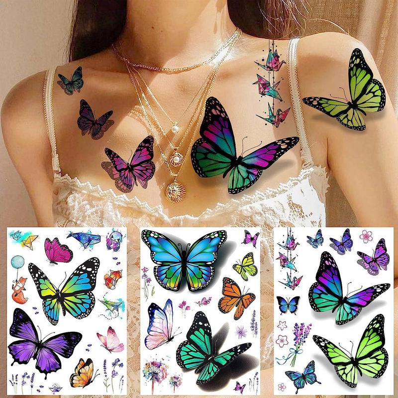 Butterfly Pattern Temporary Tattoo Sticker, 6 Counts 3d Realistic Tattoo Decal for Arm & Back, Body Tattoos, Face Paint Stickers, Colorful Body Art Sticker for Women & Girls