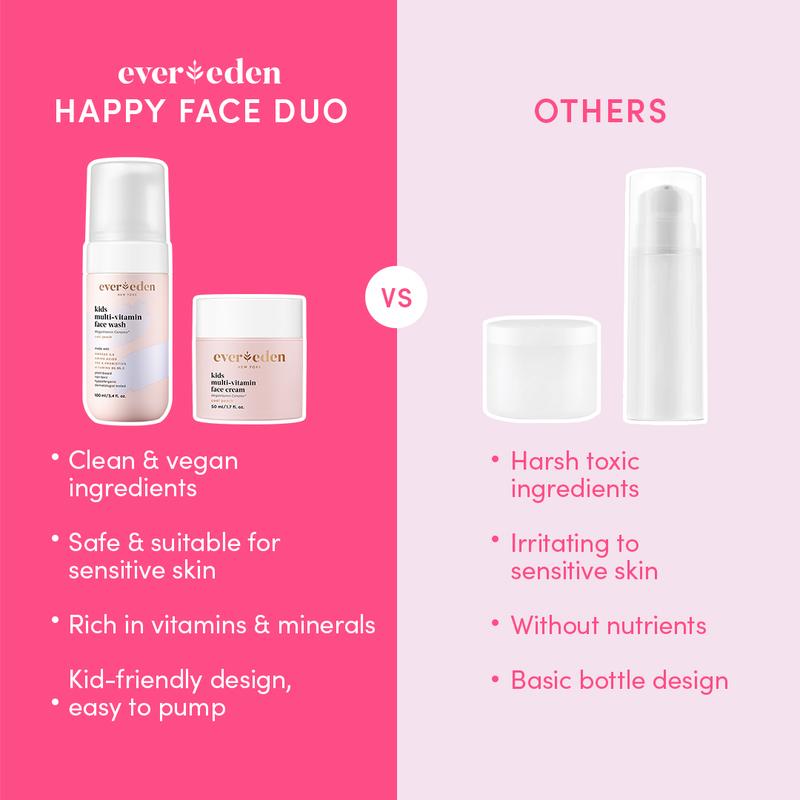 Evereden Kids Happy Face Duo - Multi-Vitamin Face Wash & Face Cream for Balanced, Hydrated Skin - Safe & Gentle Skincare with Clean Ingredients - Perfect for Sensitive Skin, Kids & Pre-Teens (2-Piece Set)