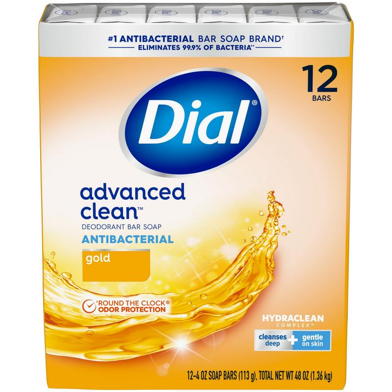 Dial Antibacterial Deodorant Bar Soap, Advanced Clean, Gold, 4 oz, 12 Bars (PREESHIP)