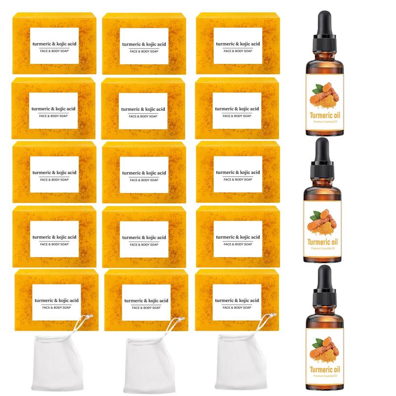 Turmeric Kojic Acid Soap & Turmeric Essential Oil Set, 3 Counts Turmeric Facial Oil & 15pcs Soap Bar with Soap Bag, Daily Skin Care Sets for Women & Men