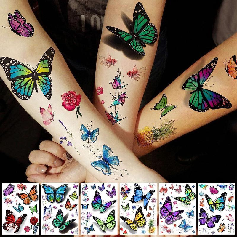 Butterfly Pattern Temporary Tattoo Sticker, 6 Counts 3d Realistic Tattoo Decal for Arm & Back, Body Tattoos, Face Paint Stickers, Colorful Body Art Sticker for Women & Girls