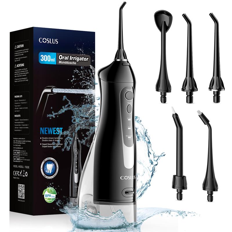 COSLUS Water Dental Flosser, 5 Replacement Heads, 4 Modes, 300ML Tank, 30 Day Battery Life, IPX7 Waterproof, Health and Oral Freshness, Home&Travel, Gift