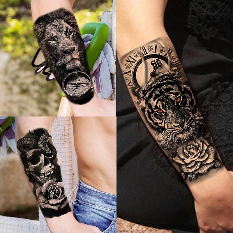 68 Sheets Large Half Arm Sleeve Temporary Tattoos For Men Women Forearm, Tribal Wolf Tiger Lion Owl  Temp    Stickers Adults, Black Realistic  Flower Rose