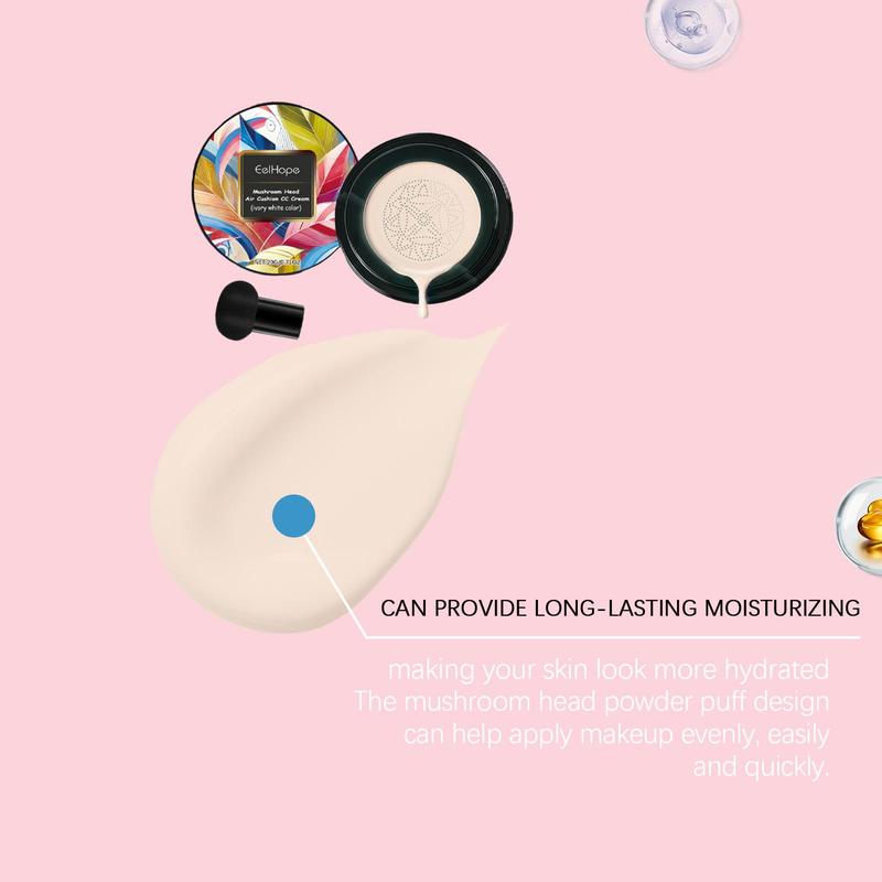 Mushroom Head Air Cushion CC Cream, 1 Box Long Lasting Moisturizing Concealer Foundation with Mushroom Sponge, Makeup Product for Women & Girls