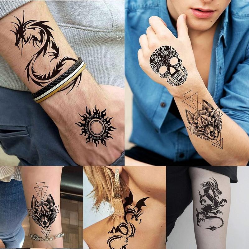 68 Sheets Waterproof Temporary Tattoo, Realistic Long Lasting Animals & Flower Designs, Wolf, Tiger, Lion,Owl, Skeleton Skull -Perfect forHalloween