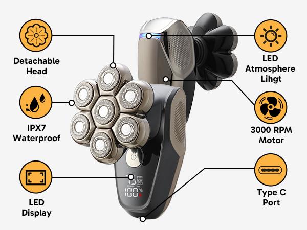 5-in-1 Detachable Head Shavers for Bald Men, Upgraded 2.0 Magnetic 7D Electric Shavers for Men, IPX7 Waterproof Wet Dry Shaver Grooming Kit Removable Razor