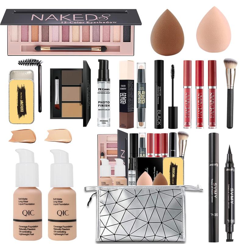 All in One Makeup Kit,Includes Naked Eyeshadow Palette,Liquid Foundation,Lipstick Set,Mascara,Makeup Brush,Makeup Sponge,Eyebrow Powder,Eyebrow Soap,Eyeliner , Primer,Contour Stick, Bag