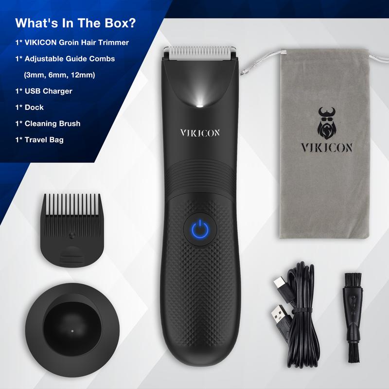 VIKICON Christmas Gifts for Men, Manscape Electric Pubic Body Hair Trimmer w Ligh &Ceramic Blade-No Nicks, No Razor Burn Groin, IPX7 Waterproof Ball Trimmer, Showerproof Shavers for Safe Smooth Quick Shaving, USB-C Rechargeable Unique Gifts for men,black