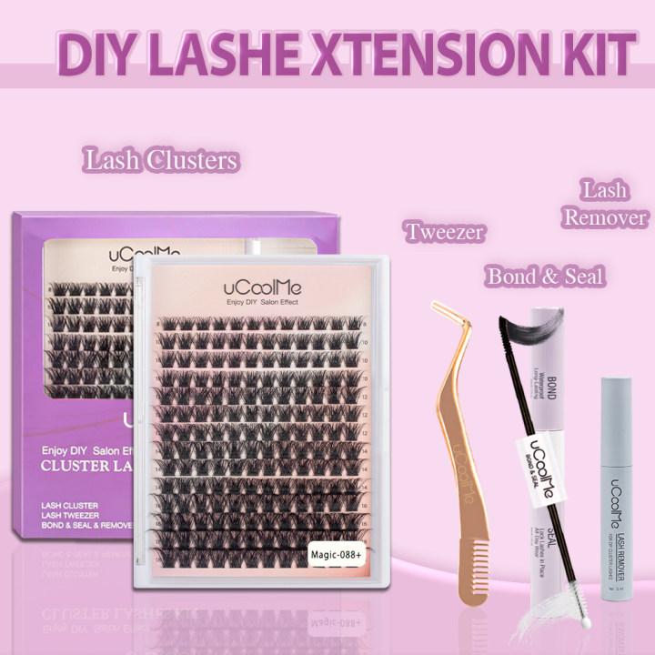 uCoolMe DIY Lash Extension Kit Lash Clusters Ultra-Thin Band D Curl Individual Lashes Strong Hold Waterproof Makeup Lash Bond & Seal Eyelash Clusters Tweezers Eyelash Extensions Kit Longlasting For Beginner