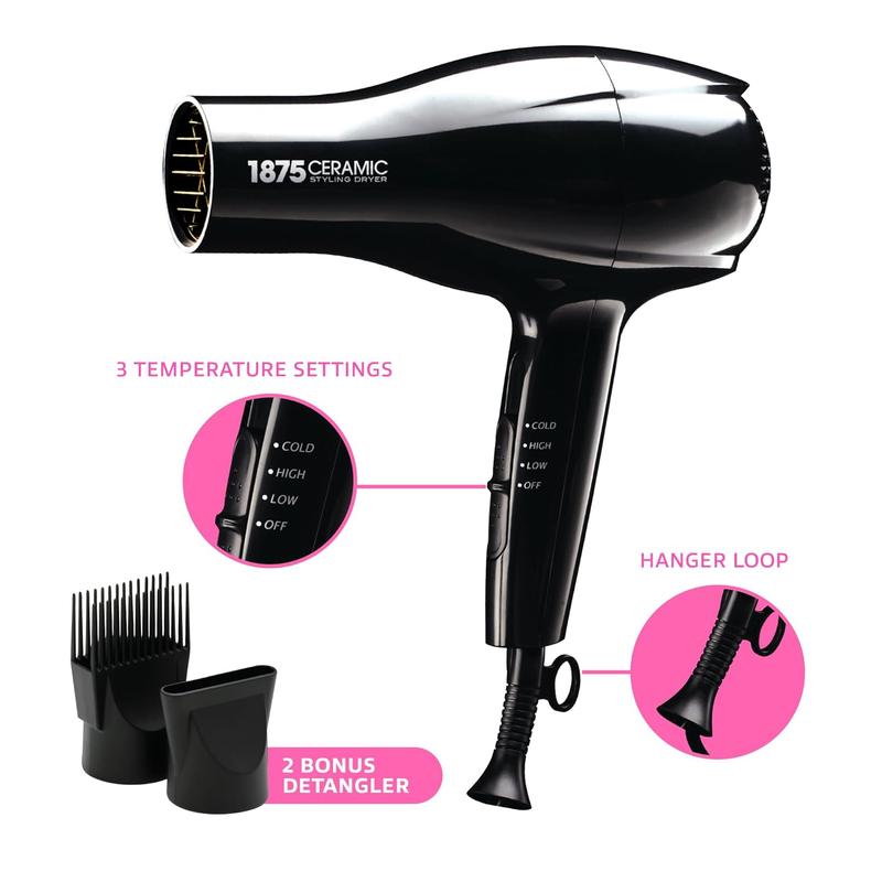 1875 Ceramic Styler Hair Styling Blow Dryer 2 Attachments Included Lightweight and Fast Dry Multi Heat Speed Setting Perfect Size for Home or Travel