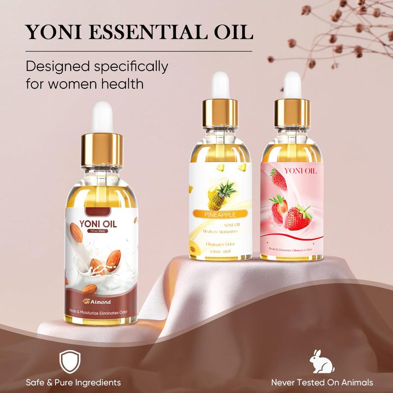 3PCS Yoni Oil Organic Feminine Oil V Moisturizer - Ph Balance and Wetness Reduces Odor - Feminine Deodorant - Soothes, Almond Strawberry Pineapple Oil Herbal Blend for Yoni Care, 1 fl oz pc