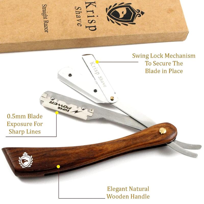 Barber Salon Quality Stainless Steel Straight Edge Shaving Razor - Professional Wet Shave Manual Shavette Razor for Men with Krisp Beauty Natural Wood Handle - Includes 5 Double Edge Blades for Safety and Comfort Smooth