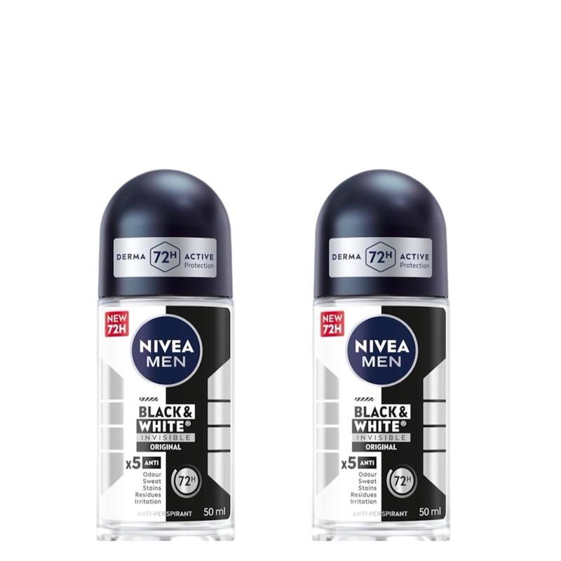 Nivea For Men Invisible Deodorant Roll On 50ml x 2 Pack - 48 Hours Black & White