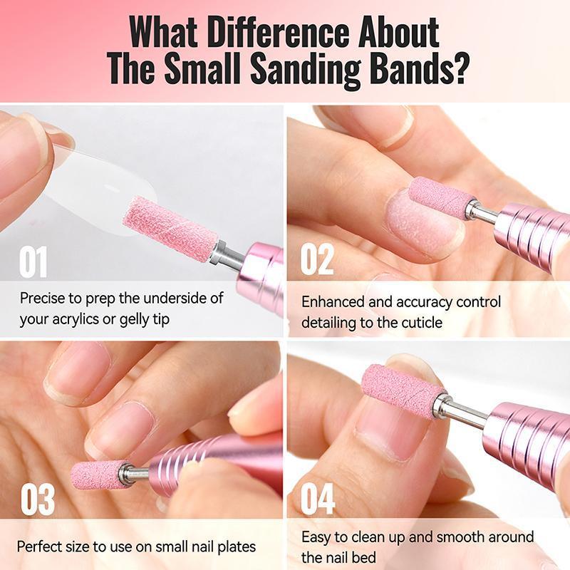 Nail Sanding Bands with 3.0mm Mandrel Bit Set for Nail Drill,120 Grit,Pink Grinder Bands,Small Sanding Files for Acrylic Nails Gel Nails Natural Nails,Nail Prepping Polishing Removing,Manicure and Pedicure,Nail Art,Nail Care、