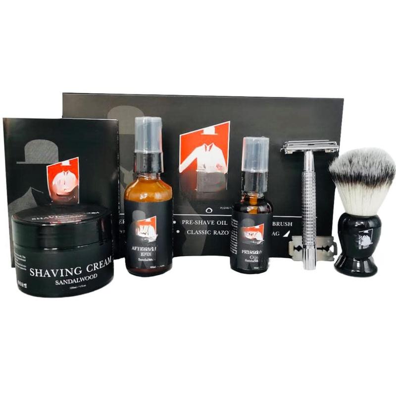 Shaving Kit for Men with Safety Razor, Sandalwood Shaving Cream, Mens aftershave, Pre-Shave Oil, Shaving Brush