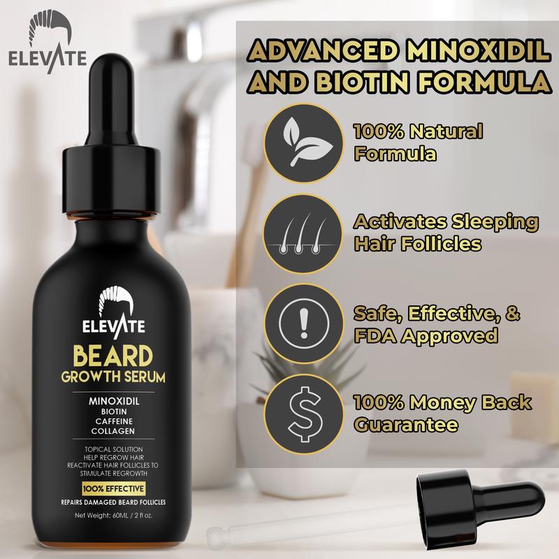 Elevate Beard Growth Oil 5% Minoxidil Hair Growth Serum Biotin & Caffeine - Stronger Thicker Fuller Beard Natural Gentle Comfort Treatment Hair Care