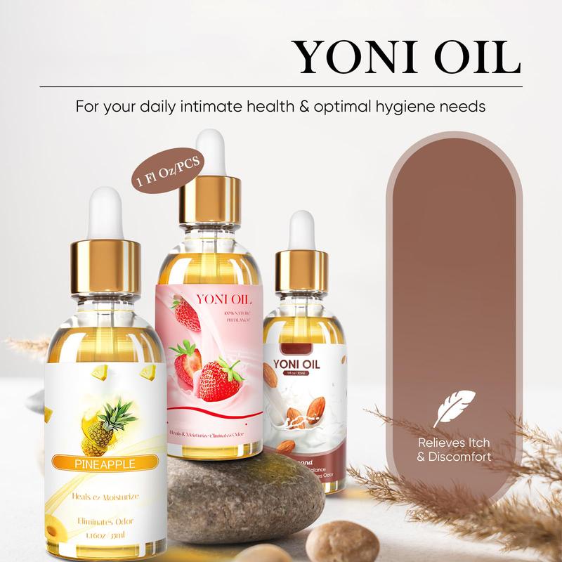 3PCS Yoni Oil Organic Feminine Oil V Moisturizer - Ph Balance and Wetness Reduces Odor - Feminine Deodorant - Soothes, Almond Strawberry Pineapple Oil Herbal Blend for Yoni Care, 1 fl oz pc