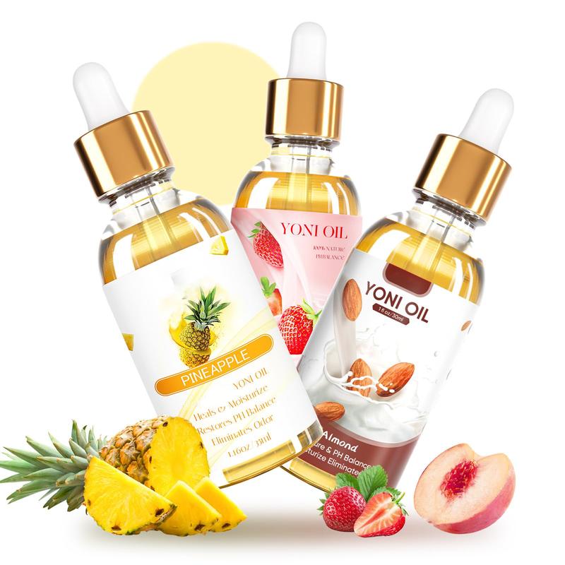 3PCS Yoni Oil Organic Feminine Oil V Moisturizer - Ph Balance and Wetness Reduces Odor - Feminine Deodorant - Soothes, Almond Strawberry Pineapple Oil Herbal Blend for Yoni Care, 1 fl oz pc