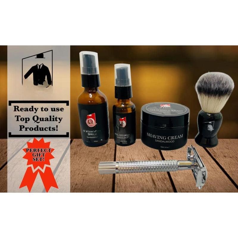 Shaving Kit for Men with Safety Razor, Sandalwood Shaving Cream, Mens aftershave, Pre-Shave Oil, Shaving Brush