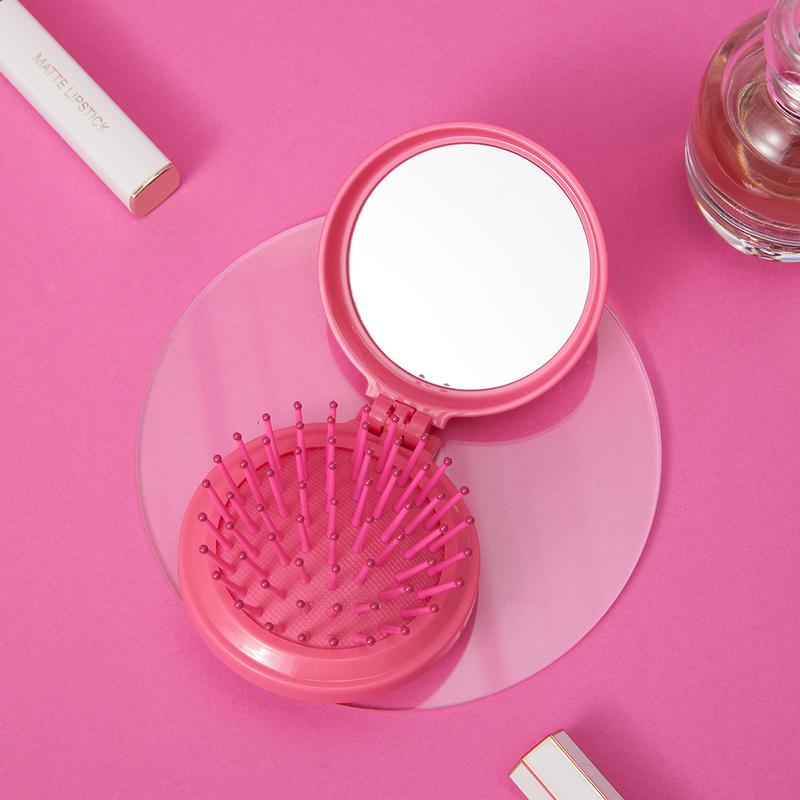 Barbie Series Mini Hair Comb With Mirror Hair Brush Portable Mini Pink HairBrush Folding Mirror Comb Detangling For Women Girl Travel Daily Used Heatless