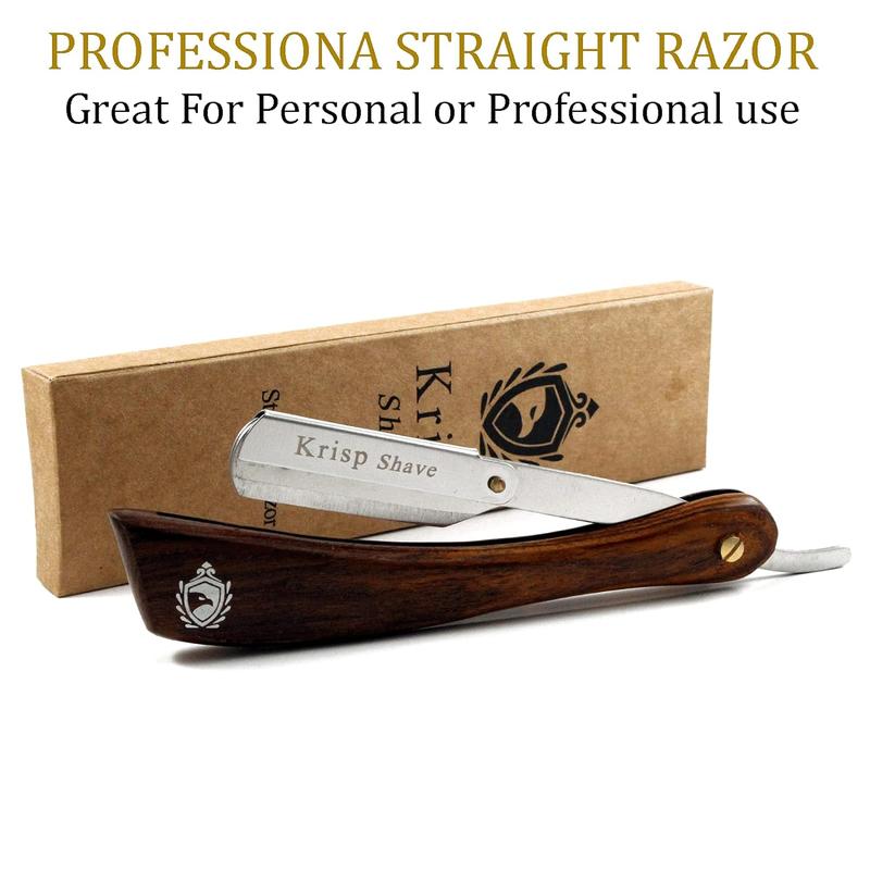 Barber Salon Quality Stainless Steel Straight Edge Shaving Razor - Professional Wet Shave Manual Shavette Razor for Men with Krisp Beauty Natural Wood Handle - Includes 5 Double Edge Blades for Safety and Comfort Smooth